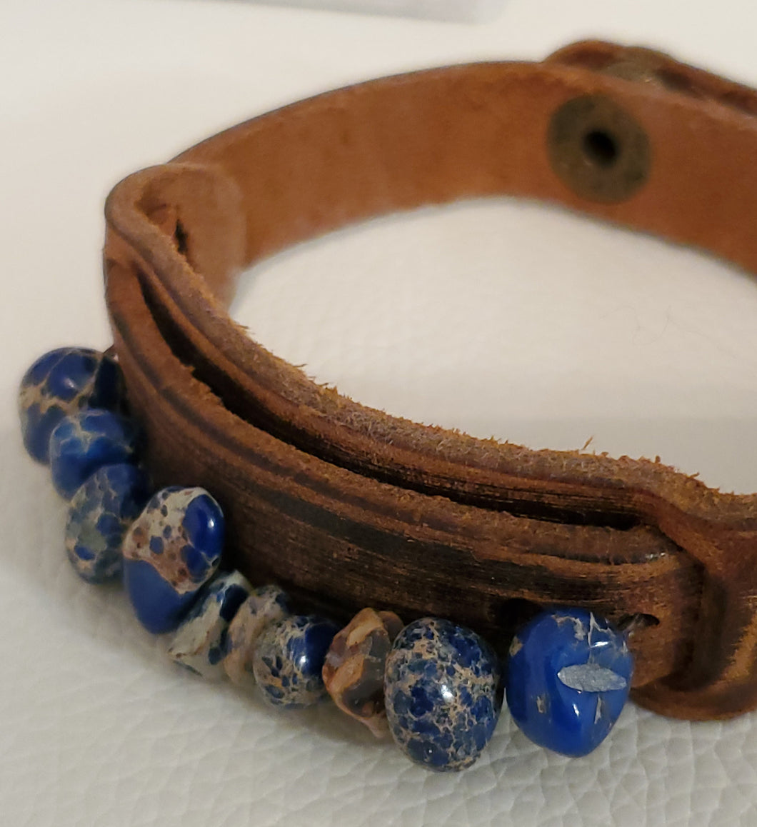 Bracelet-Leather Strap with Blue  Regalite Stones