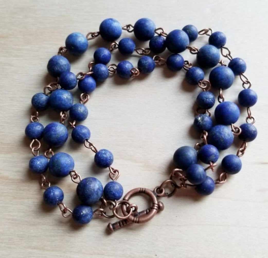 Bracelet-Frosted Blue Lapis Bead, Triple Strand