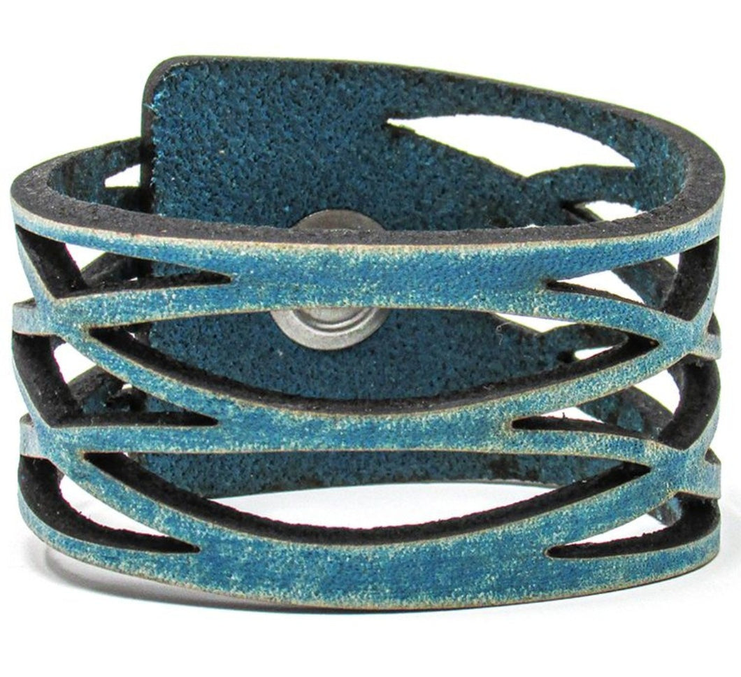 Bracelet Cuff-Leather Wrap Waves, Blue