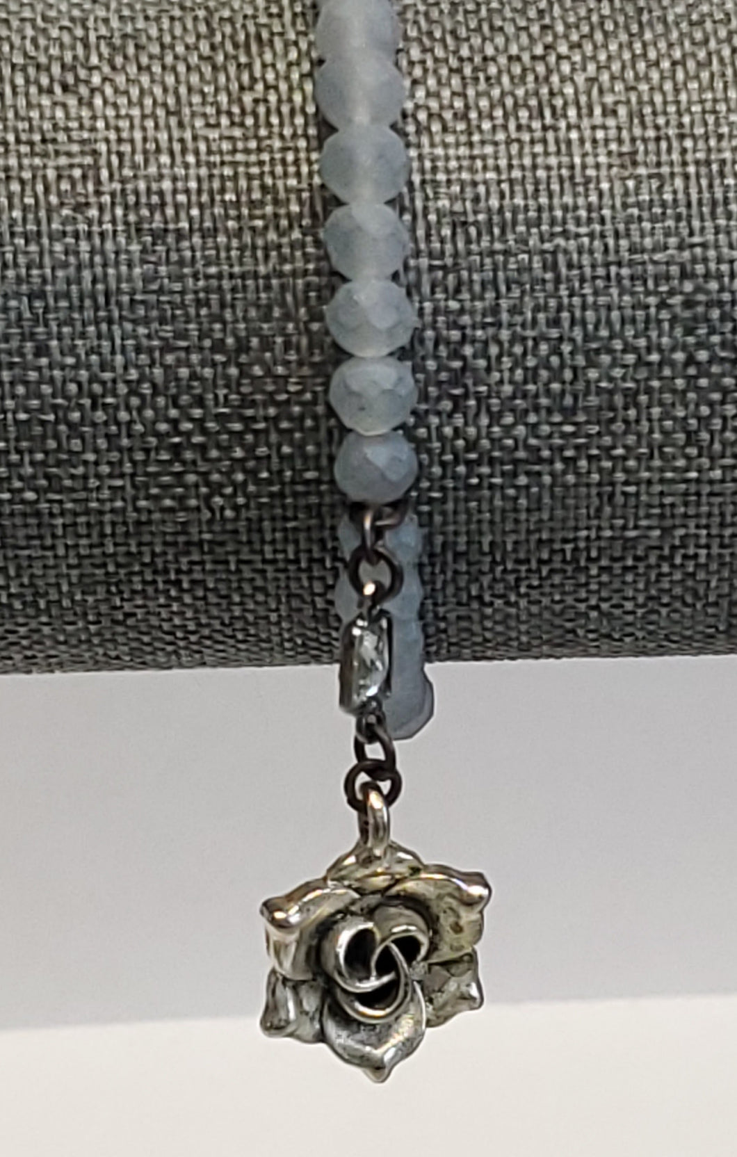 Bracelet-Pale Blue Frosted Beads w/Silver Rose Charm