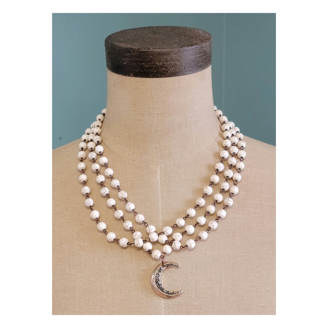 Necklace-Multi-strand White Turquoise Bead w/Moon Pendant